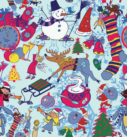Seamless pattern with New year and Christmas objects. Hand drawn vector.のイラスト素材