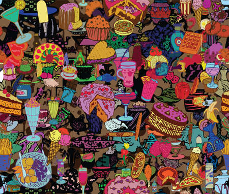 Seamless food and drink pattern. Hand drawn vector.のイラスト素材