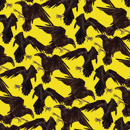 Pattern with black ravens. Hand drawn vector.のイラスト素材
