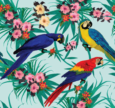 Seamless pattern with macaws sitting on branches. Hand drawn vector.のイラスト素材