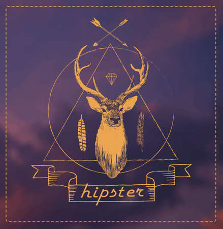 Vector hand drawn deer head illustration in vintage style.のイラスト素材