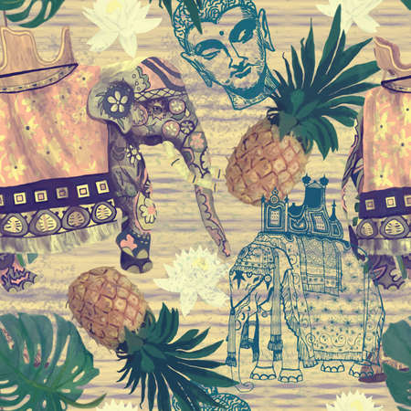 Pattern with indian elephants. Hand drawn vector. Vintage style.のイラスト素材