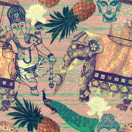 Pattern with indian elephants. Hand drawn vector. Vintage style.のイラスト素材