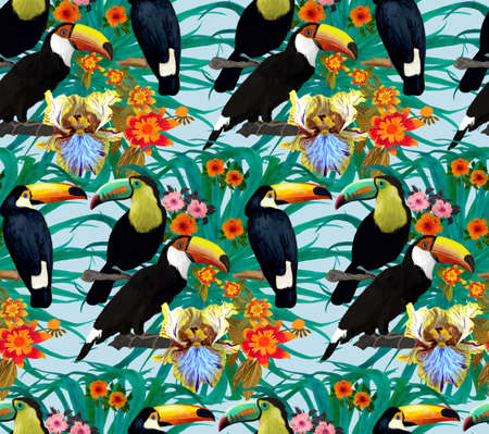 Seamless pattern with toucans and flowers. Hand drawn.の写真素材