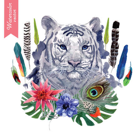 Vintage indian style tiger head illustration. Hand drawn vector watercolor.のイラスト素材