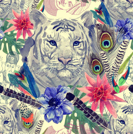Vintage indian style tiger head pattern. Hand drawn watercolor illustration.の写真素材