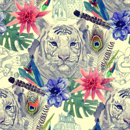 Vintage indian style tiger head pattern. Hand drawn watercolor illustration.の写真素材