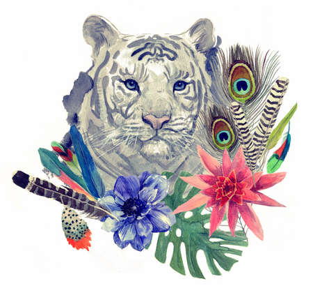 Vintage indian style tiger head pattern. Hand drawn watercolor illustration.の写真素材