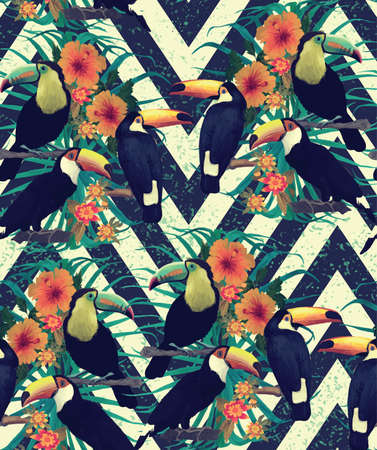 Seamless vintage style pattern with toucans on zig-zag lines. Hand drawn vector.のイラスト素材