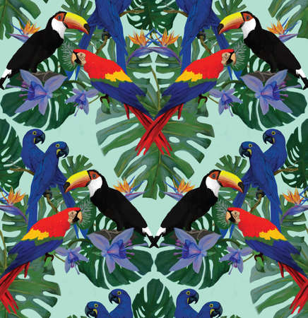 Seamless pattern with macaw parrots and toucans. Hand drawn vector ornament.のイラスト素材