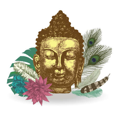 Buddha head with leaves and feathers. illustration. Hand drawn vector.のイラスト素材