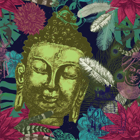 Buddha head with leaves and feathers seamless pattern. Hand drawn vector.のイラスト素材