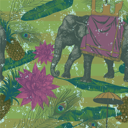 Seamless pattern with indian elephant, leaves, flowers. Vector Vintage styleのイラスト素材