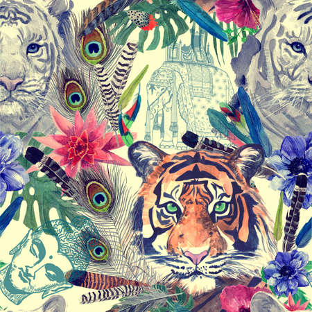 Vintage indian style tigers head pattern with leaves, flowers. Hand drawn watercolor.の写真素材