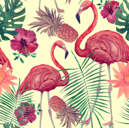Seamless watercolor vintage pattern with flamingo, leaves, flowers. Hanad drawnの写真素材