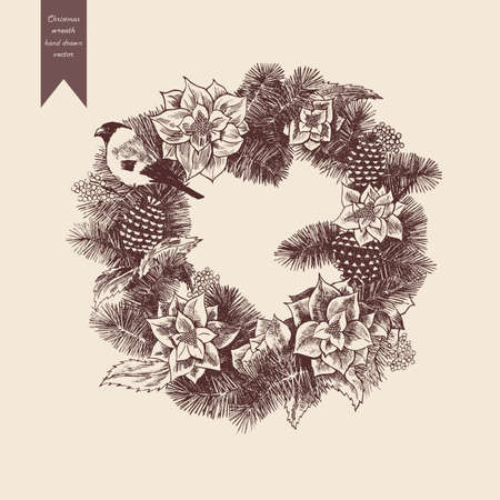 Christmas wreath illustration. Hand drawn vector. Vintage styleのイラスト素材