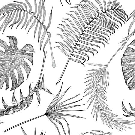 Seamless black and white pattern with exotic leaves.のイラスト素材