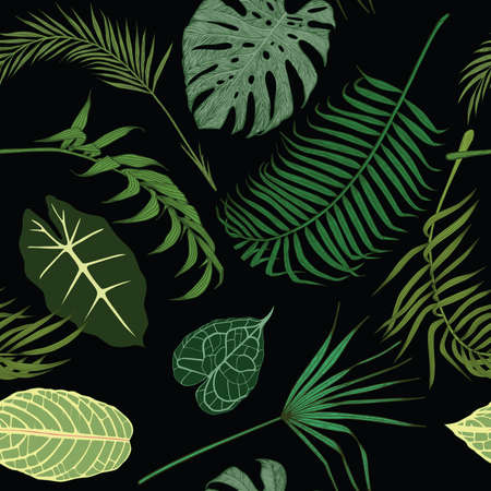 Seamless pattern with exotic leaves on black backround.のイラスト素材