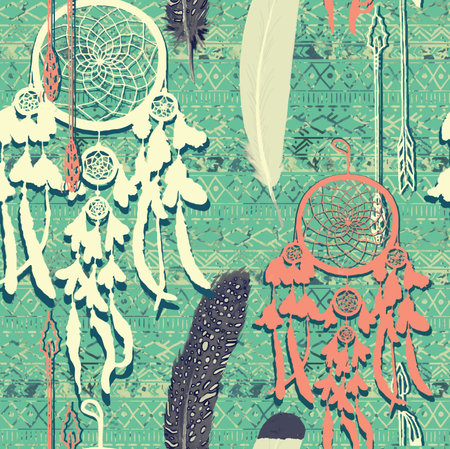 Seamless pattern with dreamcatchers. Hand drawn vector.のイラスト素材