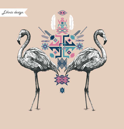 Ethnic style composition with flamingo. Hand drawn vectorのイラスト素材
