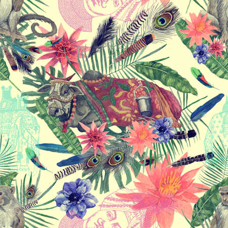 Seamless watercolor hand drawn pattern with indian cow, monkey leaves, flowers.の写真素材