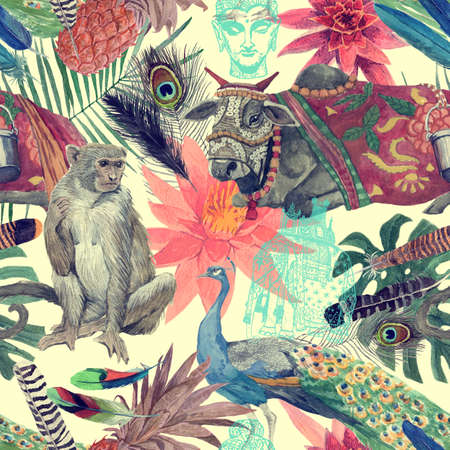 Seamless watercolor hand drawn pattern with indian cow, leaves, flowers.の写真素材