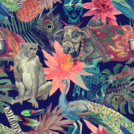 Seamless watercolor hand drawn pattern with indian cow, leaves, flowers.の写真素材