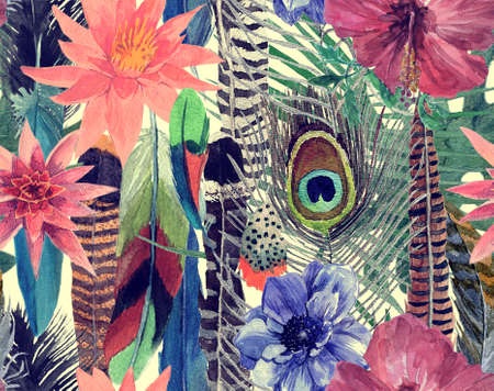 Seamless watercolor hand drawn seamless pattern with leaves, flowers, feathers.の写真素材