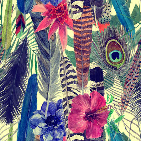 Seamless watercolor hand drawn seamless pattern with leaves, flowers, feathers.の写真素材