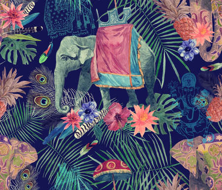 Seamless exotic watercolor pattern with elephants, flowers, leaves, feathers, ganesha.の写真素材