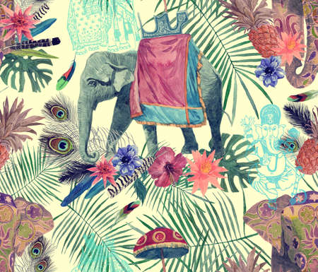 Seamless exotic watercolor pattern with elephants, flowers, leaves, feathers, ganesha.の写真素材