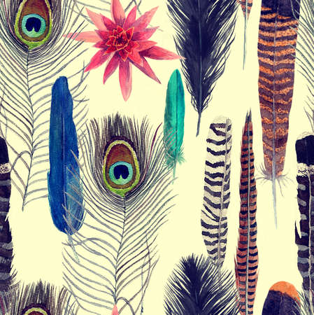 Seamless watercolor hand drawn seamless pattern with leaves, flowers, feathers.の写真素材