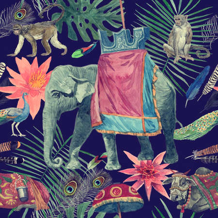 Seamless watercolor pattern with elephant, cow, monkeys, peacocks, leaves, flowers.の写真素材