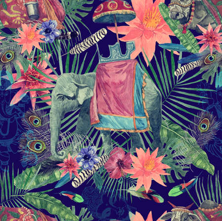 Seamless watercolor pattern with elephant, cow, leaves, flowers.の写真素材