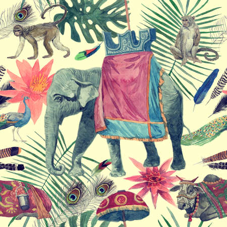 Seamless watercolor pattern with elephant, cow, monkeys, peacocks, leaves, flowers.の写真素材