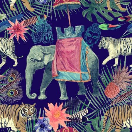 Seamless watercolor pattern with elephant, tigers, leaves, flowers.の写真素材