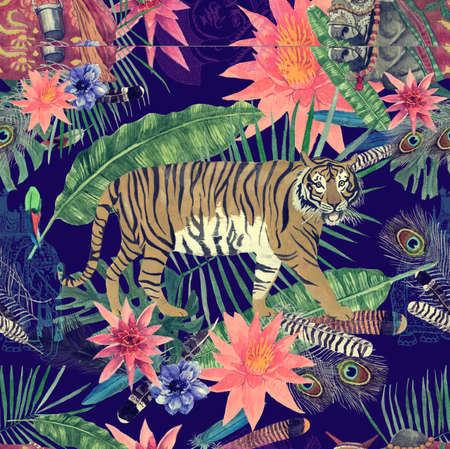 Seamless watercolor pattern with leaves, flowers, tigers cows.の写真素材