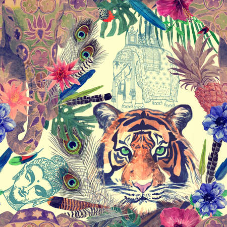 Seamless watercolor pattern with tiger head, elephant.の写真素材