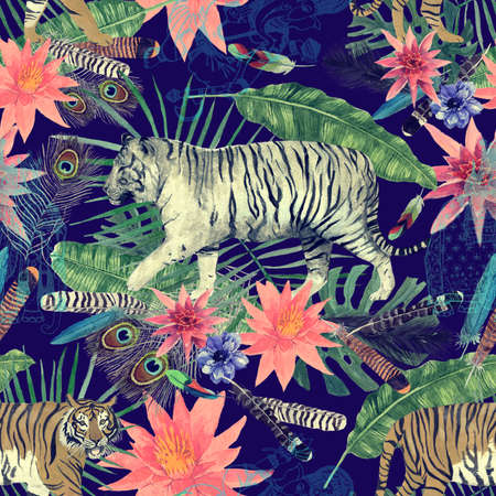 Seamless watercolor vintage pattern with tigers, leaves, flowersの写真素材