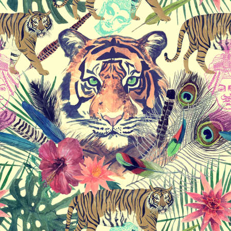 Seamless vintage indian style watercolor pattern with white tigers, elephant, maharajah leaves, flowers.の写真素材