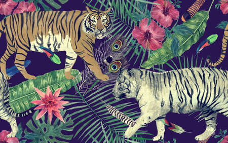 Seamless watercolor pattern with tigers, leaves, flowers.の写真素材