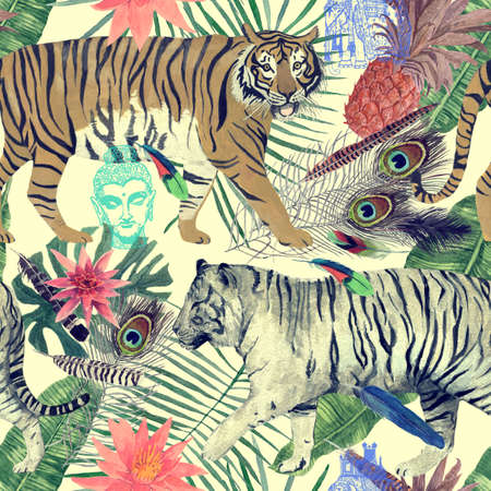 Seamless watercolor pattern with tigers, leaves, feathers,.の写真素材