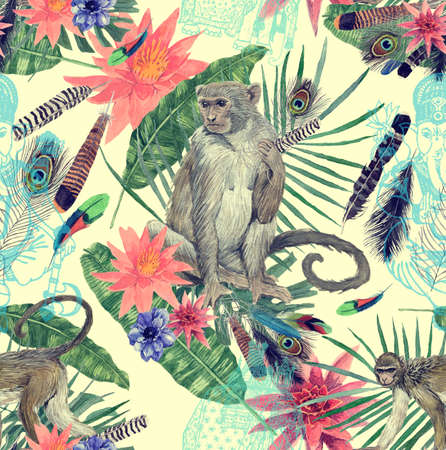 Seamless watercolor hand drawn pattern with monlkeys, leaves, flowers.の写真素材