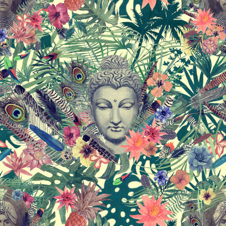 Seamless hand drawn watercolor pattern with buddha head, maharajah, flowers, feathers, palms.の写真素材