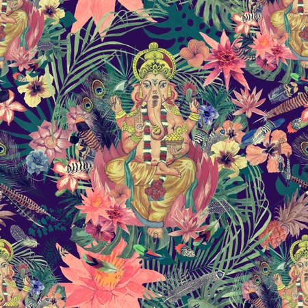 Seamless watercolor hand drawn pattern with ganesha, flowers, leaves, feathers.の写真素材