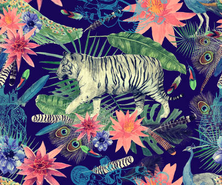 Seamless watercolor pattern with tigers, peacocks, leaves, flowers.の写真素材