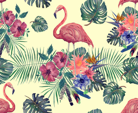 Watercolor seamless pattern of flamingo with leaves, flowers.の写真素材