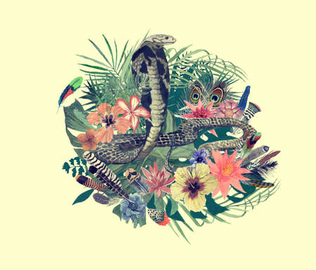 Watercolor hand drawn illustration with cobra, flowers, leaves, feathers.の写真素材