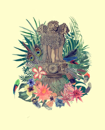 Watercolor hand drawn illustration with indian emblem, flowers, leaves, feathers.の写真素材