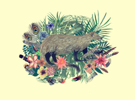 Watercolor hand drawn illustration with mongoose, flowers, leaves, feathers.の写真素材